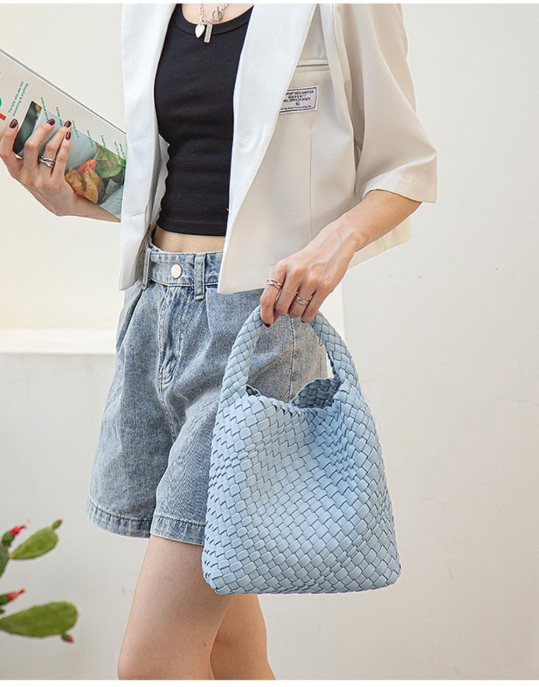 Women Vegan Leather Hand Woven Tote Handbag With Inner Bag