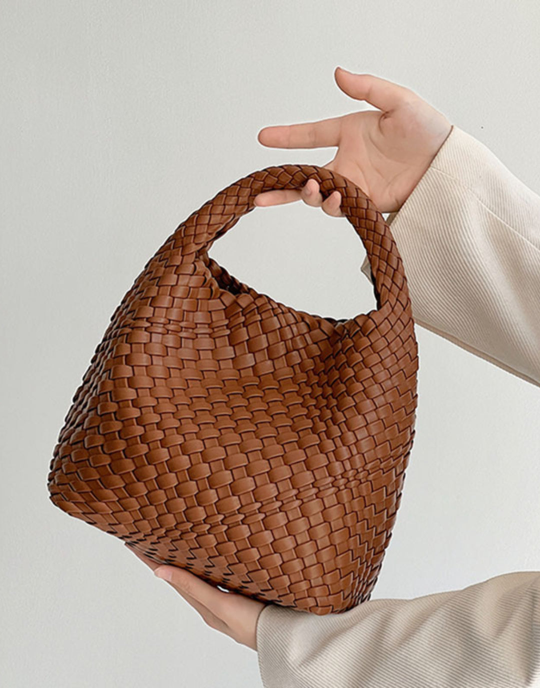 Women Vegan Leather Hand Woven Tote Handbag With Inner Bag