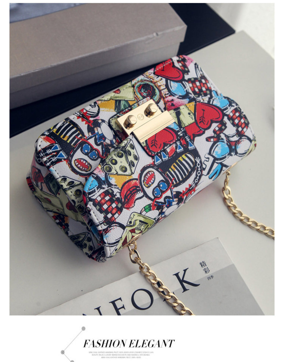 Yenesy Graffiti Lock Chain Shoulder Crossbody Bag-Hot Sale