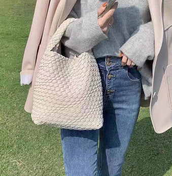 Women Vegan Leather Hand Woven Tote Handbag With Inner Bag