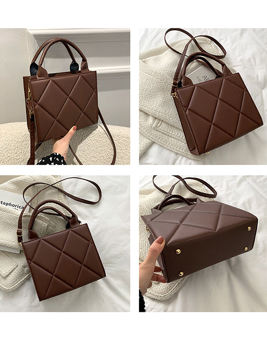 Rhombus Design Top Handle&Crossbody Leather Bag