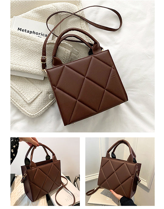 Rhombus Design Top Handle&Crossbody Leather Bag